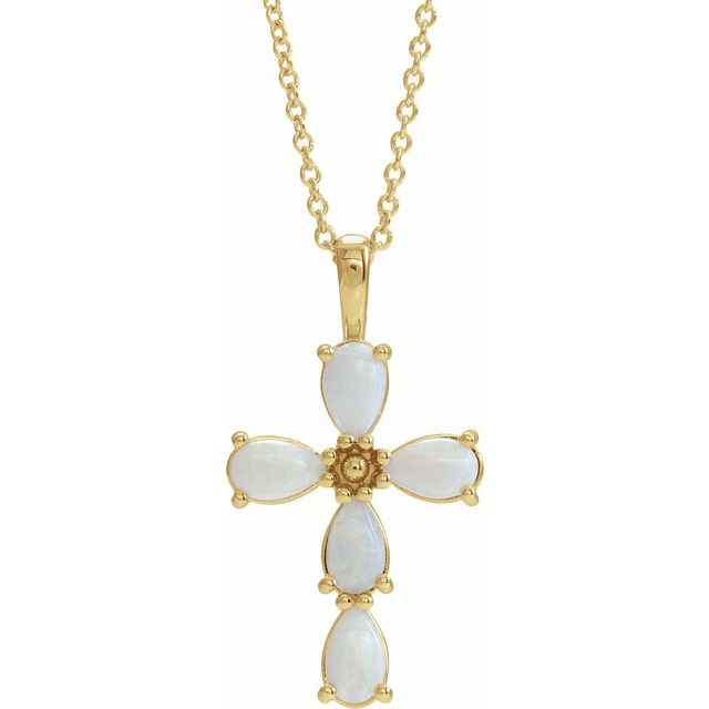 14K Yellow Gold Natural White Opal Cabochon Cross 16-18" Necklace
