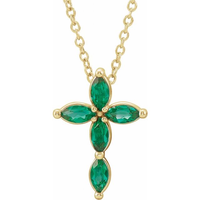 14K Yellow Gold Natural Emerald Cross 16-18" Necklace