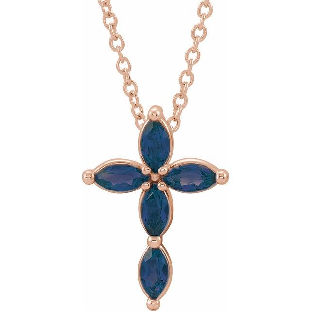 14K Rose Gold Natural Blue Sapphire Cross 16-18" Necklace