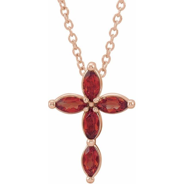 14K Rose Gold Natural Mozambique Garnet Cross 16-18" Necklace