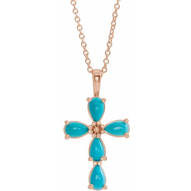 14K Rose Gold Natural Turquoise Cabochon Cross 16-18" Necklace