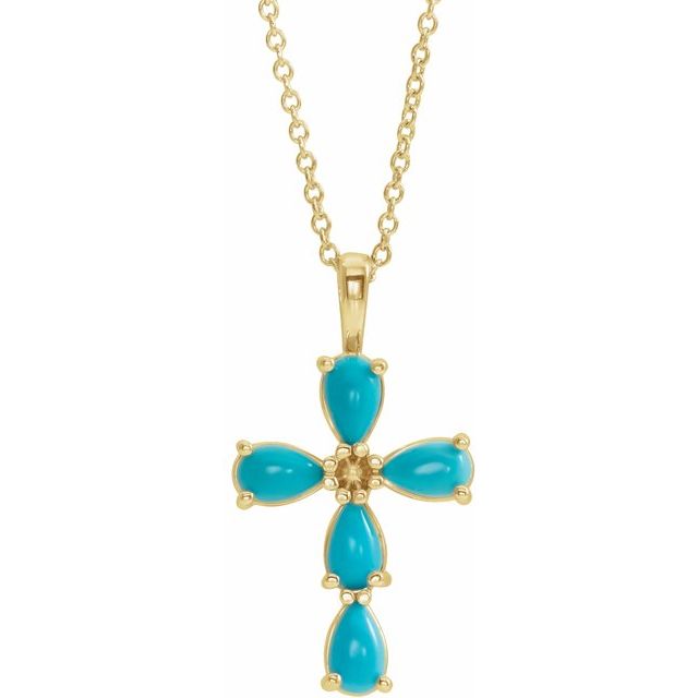 14K Yellow Gold Natural Turquoise Cabochon Cross 16-18" Necklace