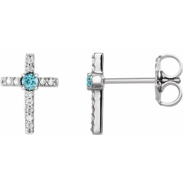 Sterling Silver Natural Blue Zircon & .05 CTW Natural Diamond Cross Earrings