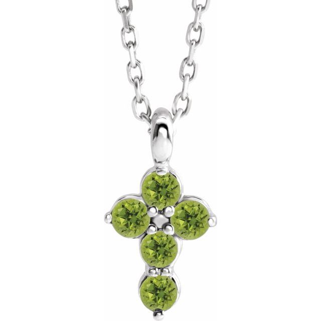 14K White Gold Natural Peridot Cross 16-18" Necklace