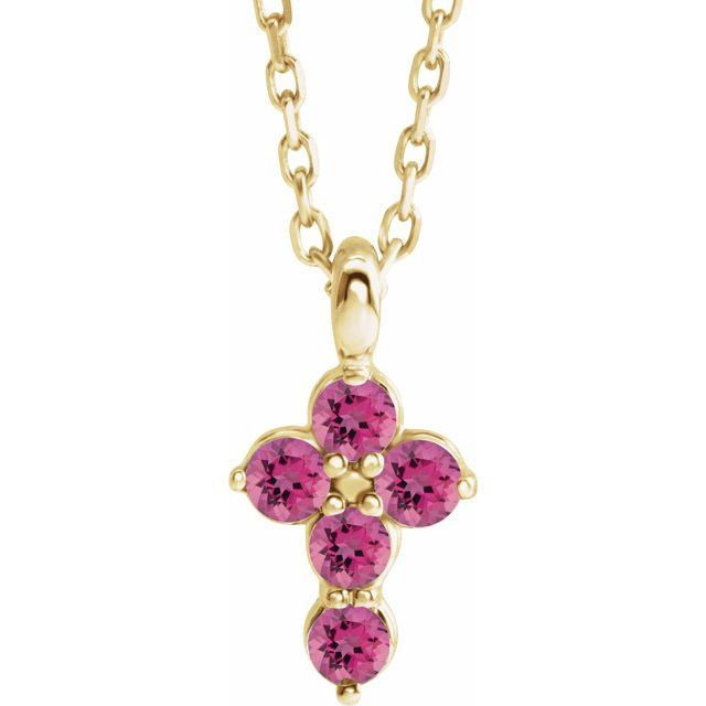 14K Yellow Gold Natural Pink Tourmaline Cross 16-18" Necklace