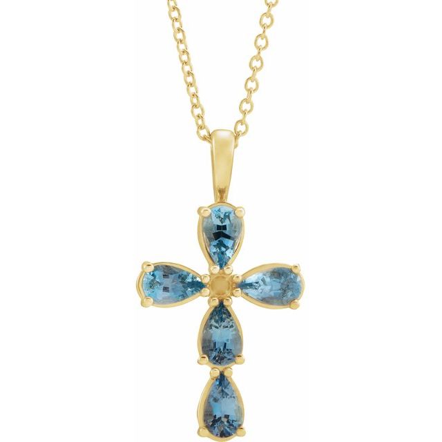 14K Yellow Gold Natural Aquamarine Cross 16-18" Necklace