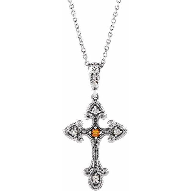 Sterling Silver Natural Citrine & .06 CTW Natural Diamond Cross 16-18" Necklace