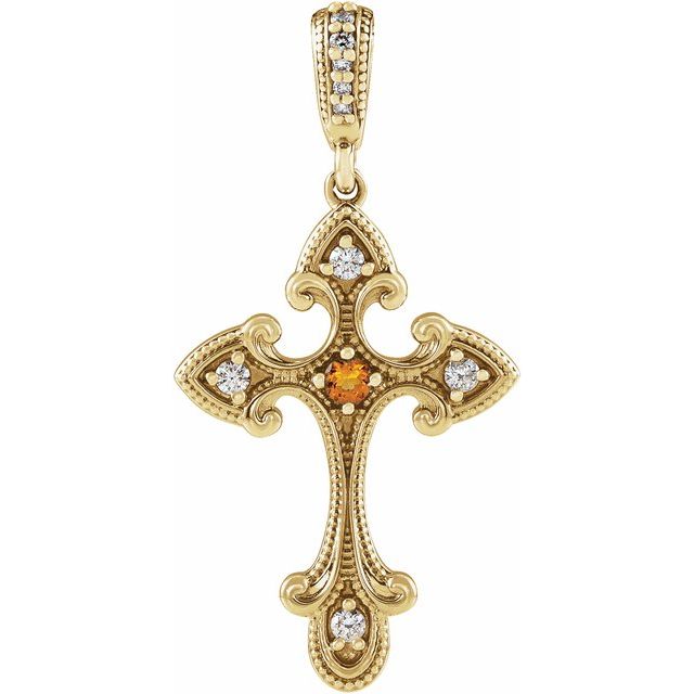 14K Yellow Gold Natural Citrine & .06 CTW Natural Diamond Cross Pendant