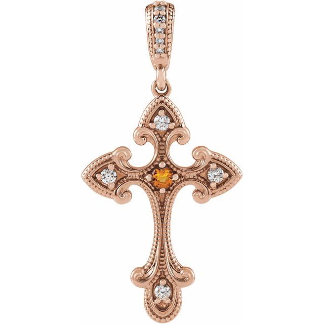 14K Rose Gold Natural Citrine & .06 CTW Natural Diamond Cross Pendant