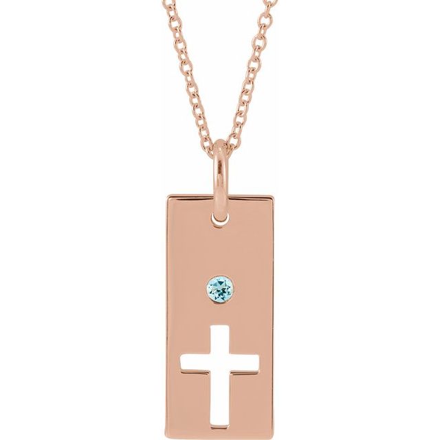 14K Rose Gold Natural Aquamarine Cross Bar 16-18" Necklace