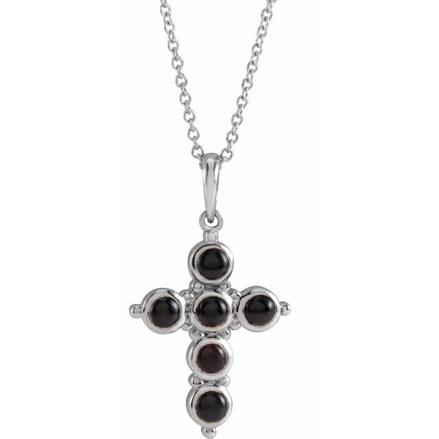 14K White Gold Natural Black Onyx Cross 16-18" Necklace