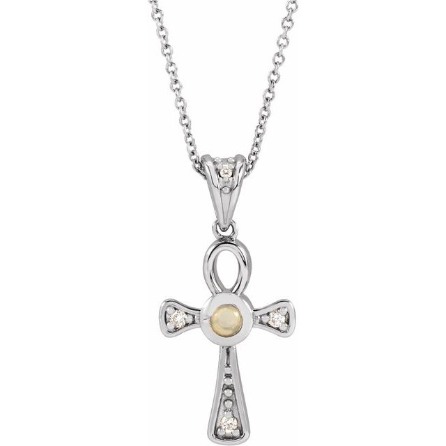 14K White Gold Natural White Opal & .04 CTW Natural Diamond Ankh Cross 16-18' Necklace