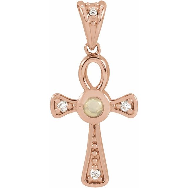 14K Rose Gold Natural White Opal & .04 CTW Natural Diamond Ankh Cross Pendant