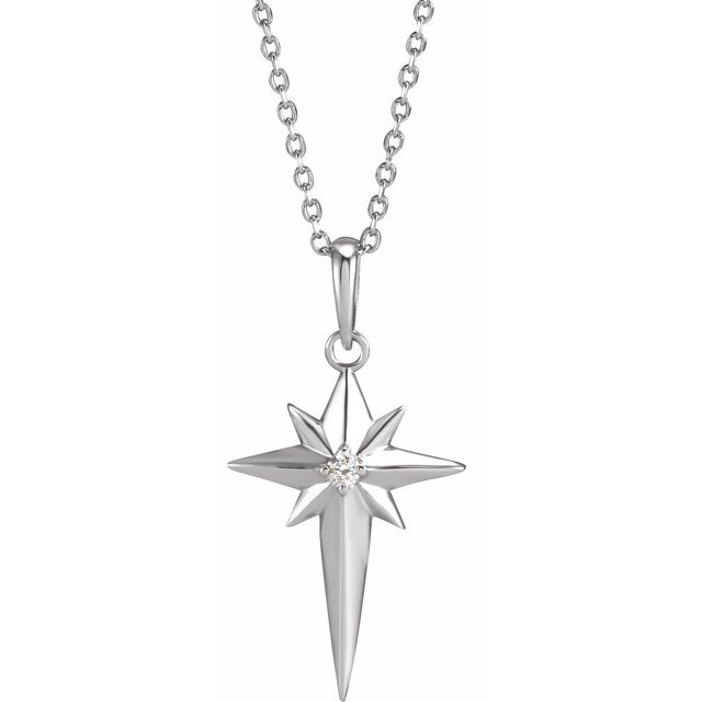 14K White Gold .03 CT Natural Diamond Star Cross 16-18" Necklace