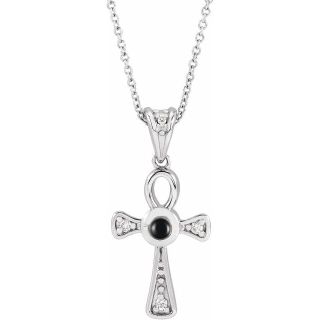 Platinum Natural Onyx & .04 CTW Natural Diamond Ankh Cross 16-18' Necklace