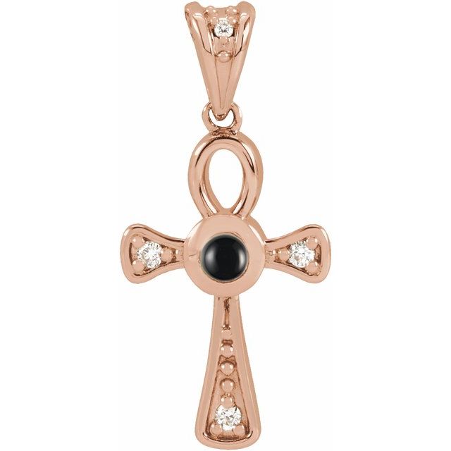 14K Rose Gold Natural Onyx & .04 CTW Natural Diamond Ankh Cross Pendant