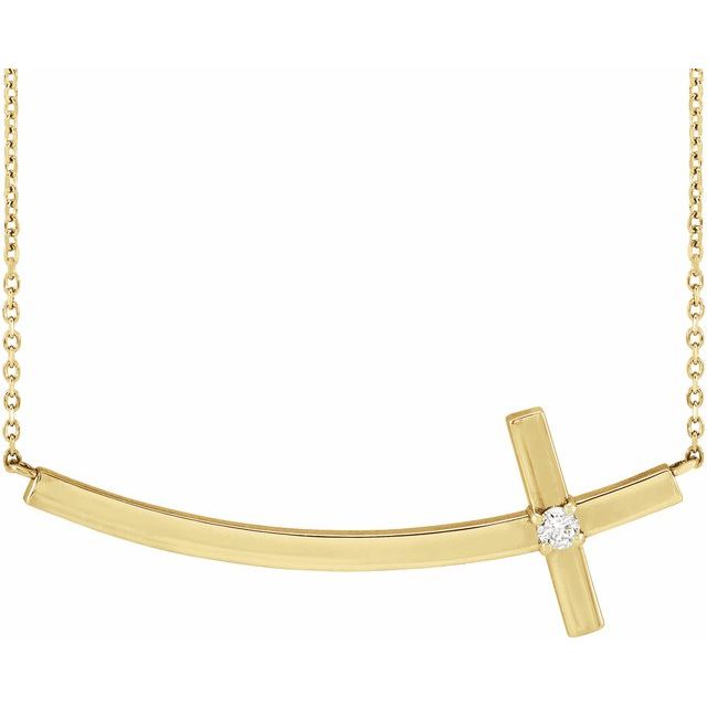 14K Yellow Gold .06 CT Natural Diamond Sideways Cross 18" Necklace