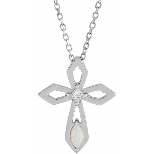 14K White Gold Natural White Opal & .05 CT Natural Diamond Cross 16-18" Necklace