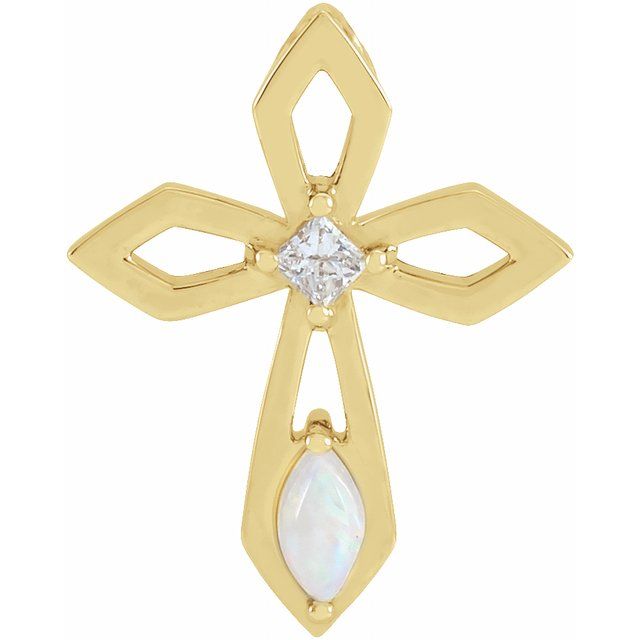 14K Yellow Gold Natural White Opal & .05 CT Natural Diamond Cross Pendant