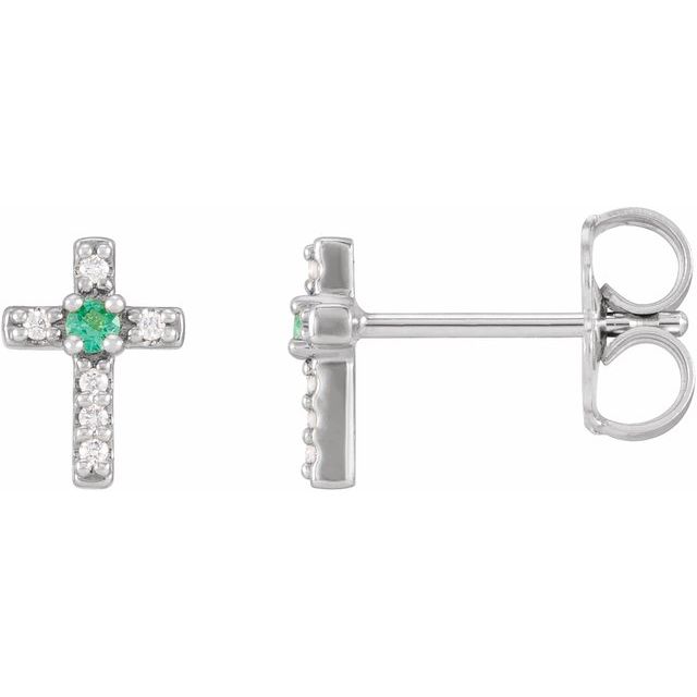 14K White Gold Natural Emerald & .03 CTW Natural Diamond Cross Earrings