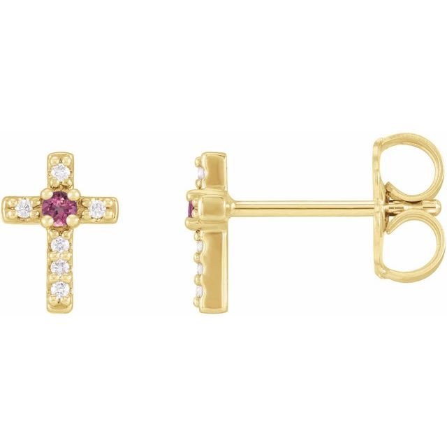 14K Yellow Gold Natural Pink Tourmaline & .03 CTW Natural Diamond Cross Earrings