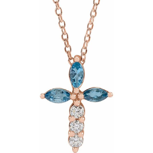 14K Rose Gold Natural Aquamarine & 1/10 CTW Natural Diamond Cross 16-18" Necklace