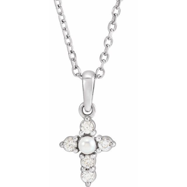 Platinum Cultured White Seed Pearl & .07 CTW Natural Diamond Cross 16-18" Necklace
