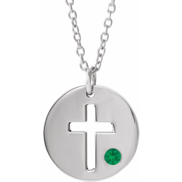 14K White Gold Natural Emerald Pierced Cross Disc 16-18" Necklace