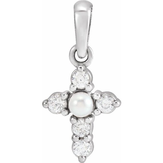 Platinum Cultured White Seed Pearl & .07 CTW Natural Diamond Cross Pendant