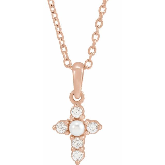 14K Rose Gold Cultured White Seed Pearl & .07 CTW Natural Diamond Cross 16-18" Necklace