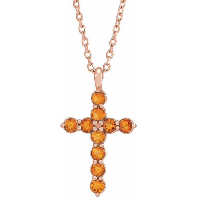 14K Rose Gold Natural Citrine Cross 16-18" Necklace