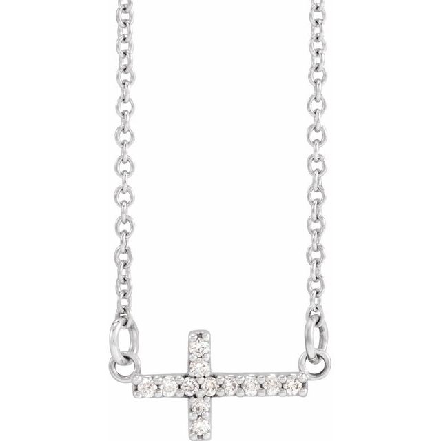 14K White Gold .05 CTW Natural Diamond Sideways Cross 16-18" Necklace