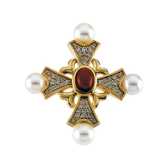 14K Yellow Gold Natural Mozambique Garnet, Cultured White Akoya Pearl & 1/2 CTW Natural Diamond Cross Pendant