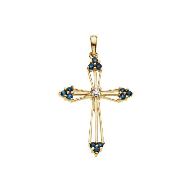 14K Yellow Gold Natural Blue Sapphire & .04 CTW Natural Diamond Cross Pendant