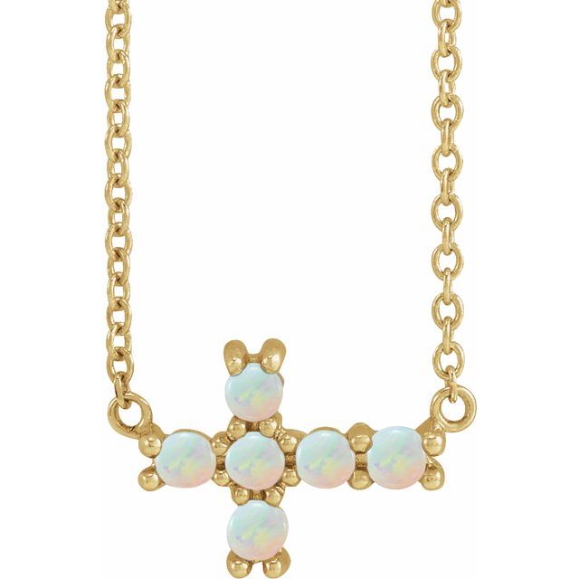 14K Yellow Gold Natural White Opal Sideways Cross 18" Necklace