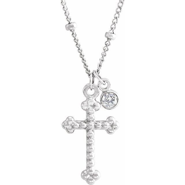 14K White Gold .06 CT Natural Diamond Beaded Cross 20" Necklace