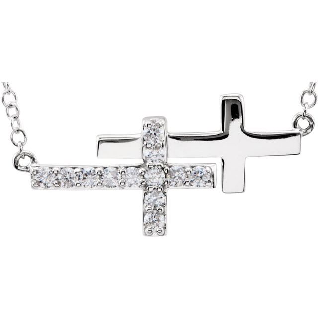 14K White Gold 1/5 CTW Natural Diamond Double Sideways Cross 16-18" Necklace