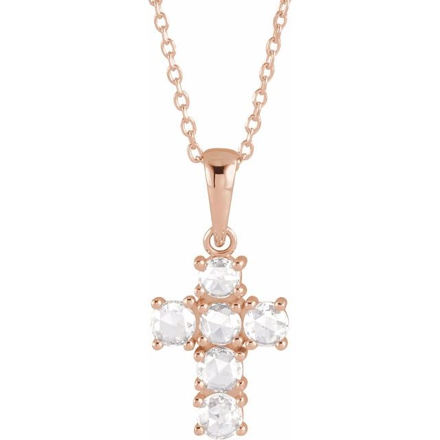 14K Rose Gold 3/8 CTW Rose-Cut Natural Diamond Cross 16-18" Necklace