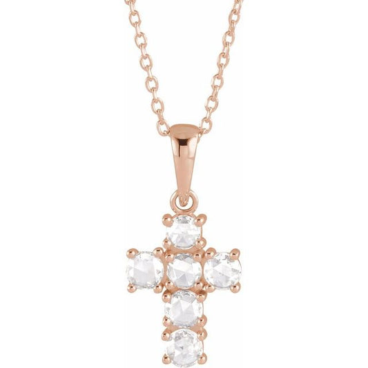 14K Rose Gold 3/8 CTW Rose-Cut Natural Diamond Cross 16-18" Necklace