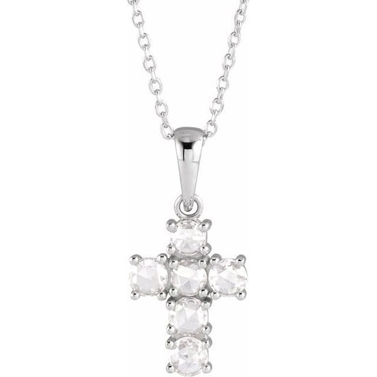 14K White Gold 3/8 CTW Rose-Cut Natural Diamond Cross 16-18" Necklace