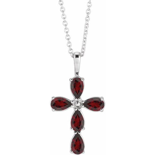 Sterling Silver Natural Mozambique Garnet Cross 16-18" Necklace