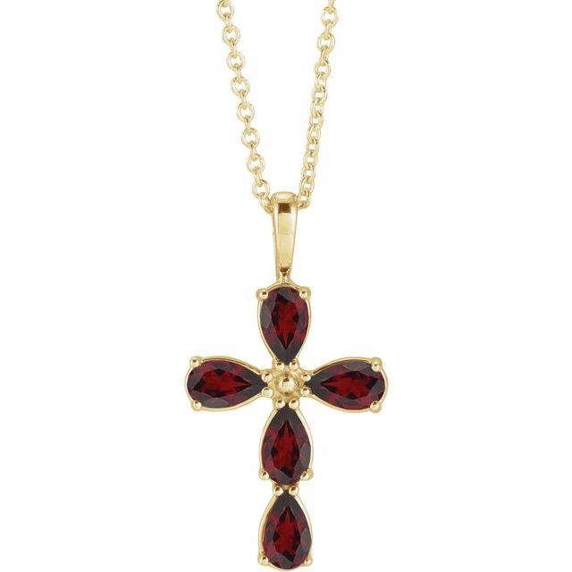 14K Yellow Gold Natural Mozambique Garnet Cross 16-18" Necklace