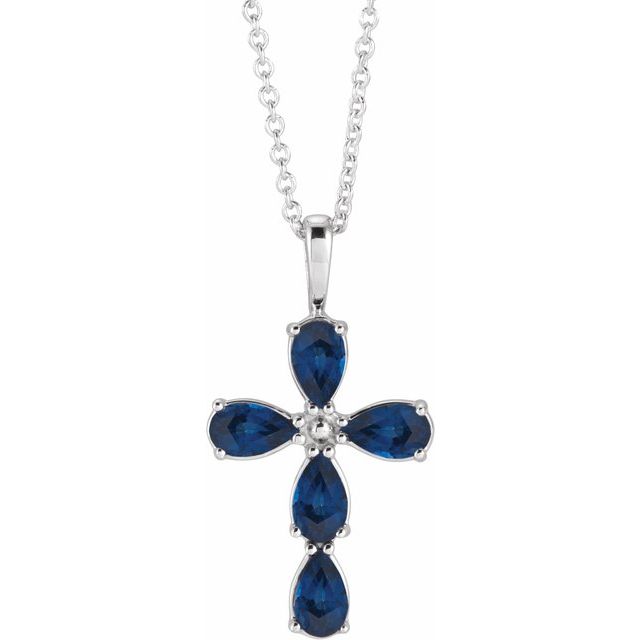 Sterling Silver Natural Blue Sapphire Cross 16-18" Necklace