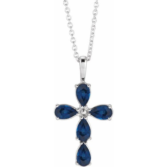 Sterling Silver Natural Blue Sapphire Cross 16-18" Necklace