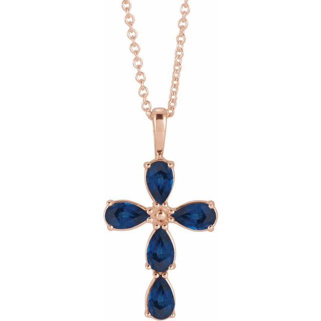 14K Rose Gold Natural Blue Sapphire Cross 16-18" Necklace
