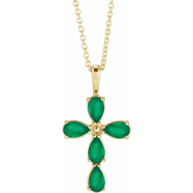 14K Yellow Gold Natural Emerald Cross 16-18" Necklace