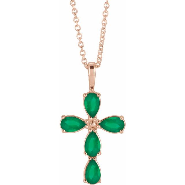 14K Rose Gold Natural Emerald Cross 16-18" Necklace