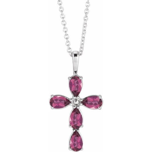 Sterling Silver Natural Pink Tourmaline Cross 16-18" Necklace