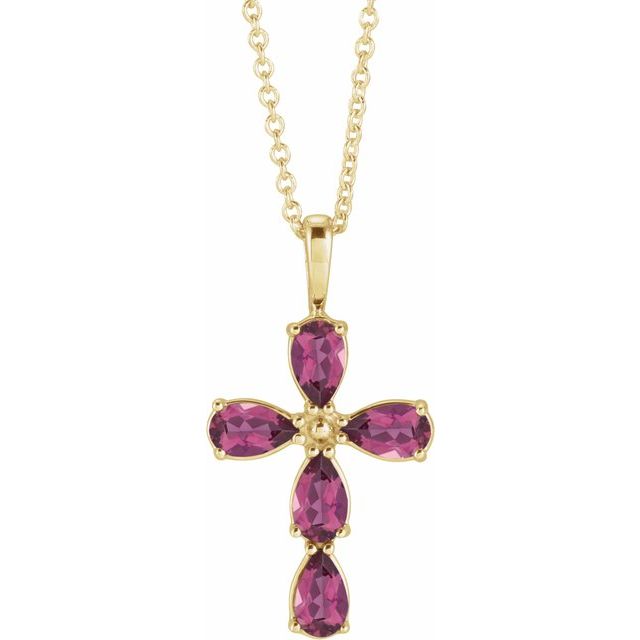 14K Yellow Gold Natural Pink Tourmaline Cross 16-18" Necklace