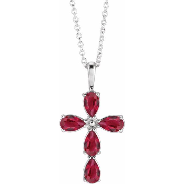 14K White Gold Natural Ruby Cross 16-18" Necklace